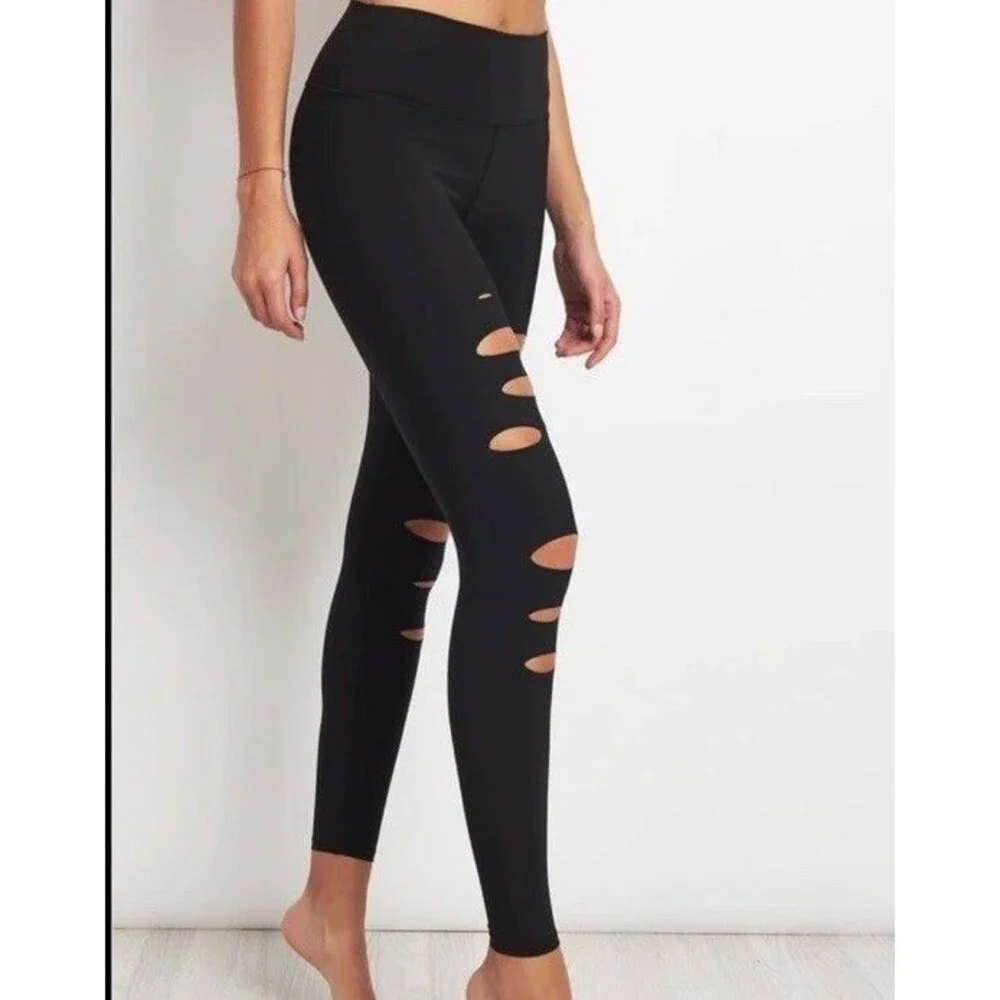 Alo Yoga Size M High Waist Ripped Warrior Black Leggings